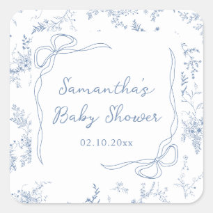 Sticker Carré Bleu Baby shower Floral Bow