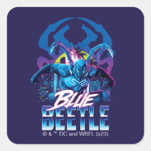 Sticker Carré Bleu Beetle Rétrowave Ville coucher du soleil
