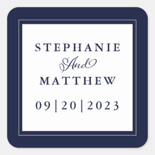 Sticker Carré Bleu Blanc Mariage Élégante Calligraphie Chic Cadr
