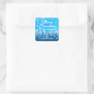 Sticker Carré Bleu Blanc Neige Forêt Paisible Joyeux Noël