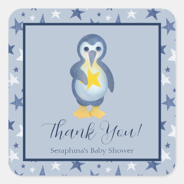 Sticker Carré Bleu Blanc Penguin étoiles Baby shower Merci (Devant)