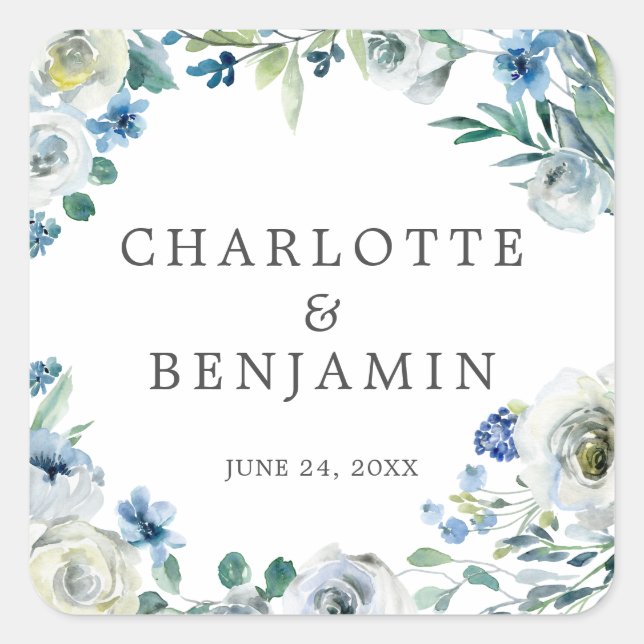 Sticker Carré Bleu blanc pivoine Floral Custom Printemps Mariage (Devant)