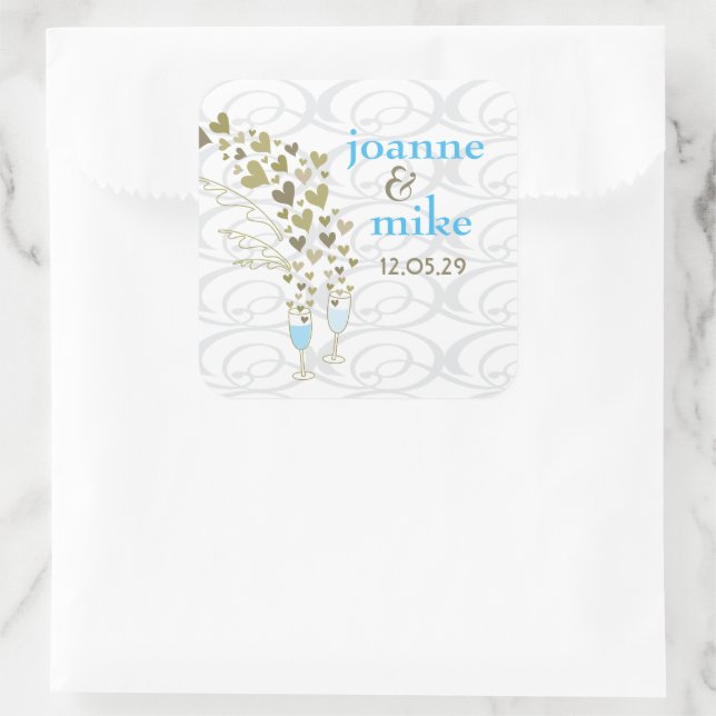 Sticker Carré Bleu Champagne Cheers & Gold Hearts Mariage chic (Sac)