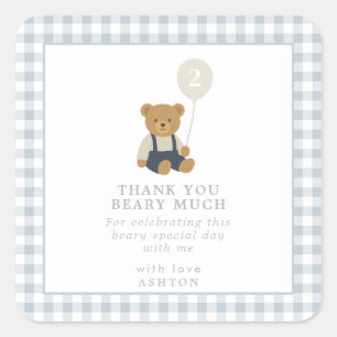 Sticker Carré Bleu clair En vichy Ours en Teddy Anniversaire