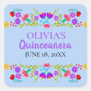 Sticker Carré Bleu clair Mis Quince Anos Fleurs de Fiesta Mexica