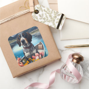 Sticker Carré Bleu Coonhound sur une pagaie : une aventure Pitto