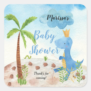 Sticker Carré Bleu Cute Dinosaur Palm Tree Baby shower garçon
