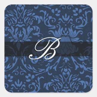 Sticker Carré Bleu damas avec monogramme calligraphie B