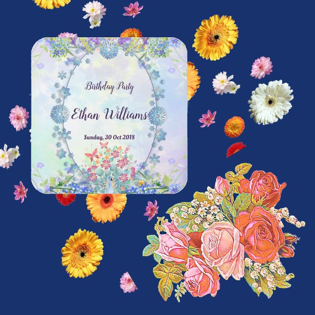 Sticker Carré Bleu doux Pastel Hydrangea Violet Oval Anniversair (Soft Blue Pastel Hydrangea Purple Floral Birthday Square Sticker)