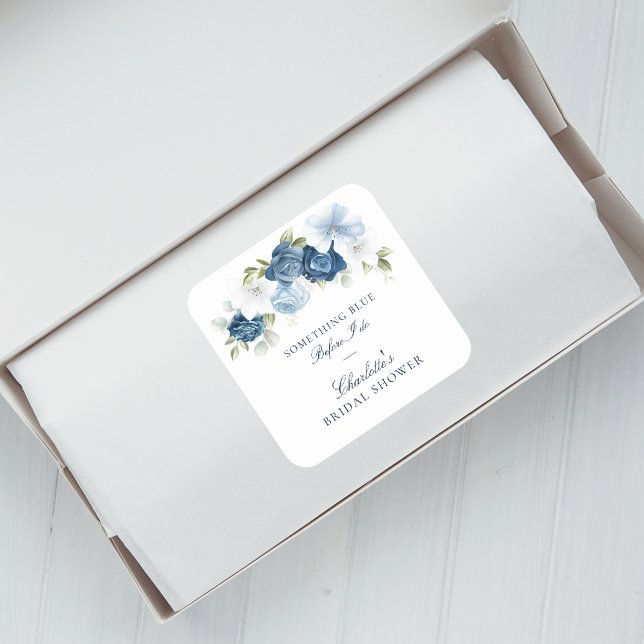 Sticker Carré Bleu Duché avant de faire Fête des mariées Florale (Floral Dusty Blue Botanical Bridal Shower Square Sticker)