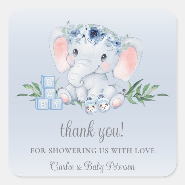 Sticker Carré Bleu Eléphant Bleu Baby shower garçon Floral (Devant)
