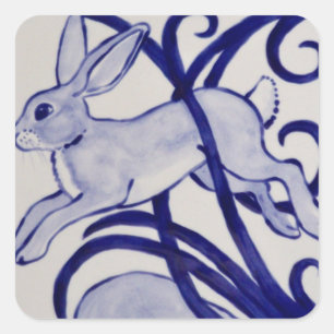 Sticker Carré Bleu et blanc Art déco Lapin Carrelage Cadeau