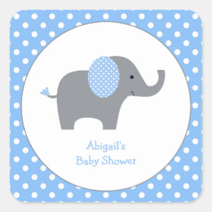 Sticker Carré Bleu et blanc Polka Point Elephant Baby shower Squ