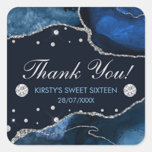 Sticker Carré Bleu et Faux Argent Paillettes d'agate Anniversair