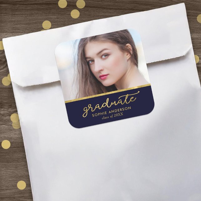 Sticker Carré Bleu et or Photo Graduate Graduate (Créateur téléchargé)