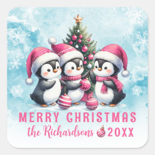 Sticker Carré Bleu et rose Trois pingouins amusants Joyeux Noël