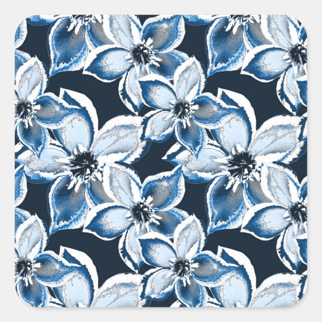 Sticker Carré Bleu, fleurs blanches sur un arrière - plan noir. (Devant)