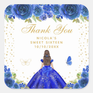 Sticker Carré Bleu Floral Cheveux Bruns Princesse Sweet Seize An