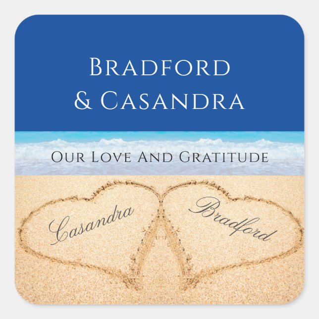 Sticker Carré Bleu foncé Plage Mariage 2 Coeurs dans le sable (Devant)