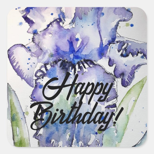Sticker Carré Bleu Iris Aquarelle Joyeux Balloon d'anniversaire (Devant)