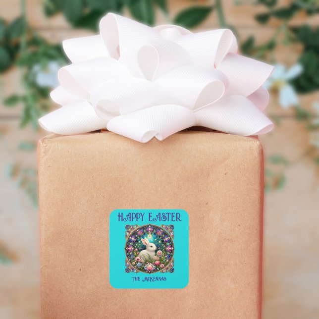 Sticker Carré Bleu Lapin de Pâques Art Nouveau Vitrail (Créateur téléchargé)