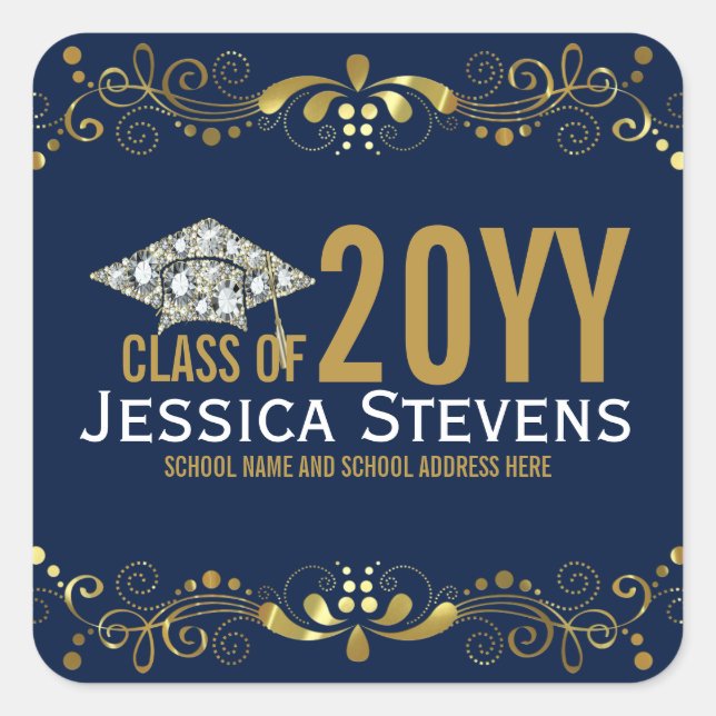 Sticker Carré Bleu Marine Avec Dentelle Or Faux & Diamants Casqu (Devant)