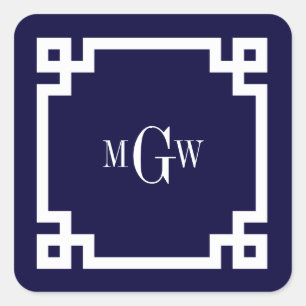 Sticker Carré Bleu Marine Blanc Clé Grecque #2 Cadre 3 Initiale 