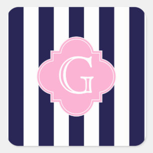 Sticker Carré Bleu marine blanc rayure rose quatrefeuille monogr