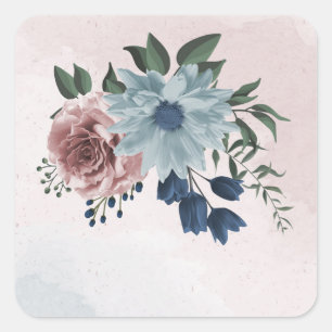 Sticker Carré bleu marine rose roux bleu vert fleuri mariage