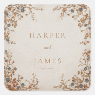 Sticker Carré Bleu Myosotis Or Broderie Crème Mariage