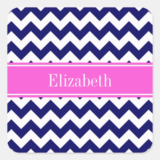 Sticker Carré Bleu Nuit Blanc Chevron Rose Chaud Monogramme Nom (Devant)