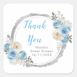 Sticker Carré Bleu Poussiéreux Fleurs Élégantes Argent Sweet Six