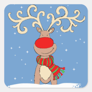 sticker carré bleu renne à nez rouge de Noël