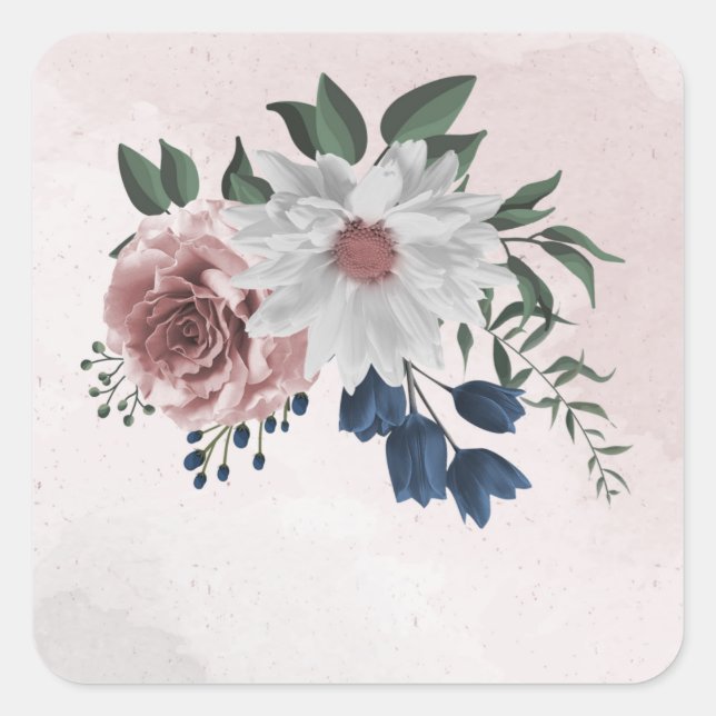 Sticker Carré bleu rose blanc vert fleuri mariage (Devant)
