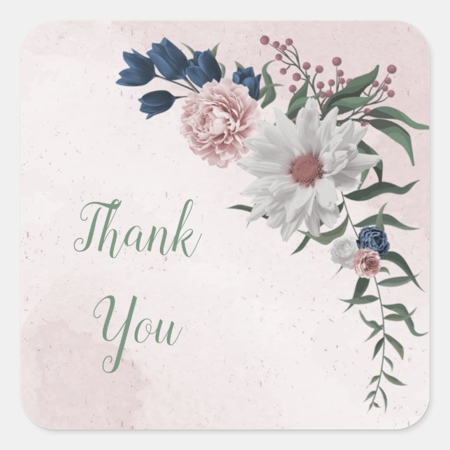 Sticker Carré bleu rose blanc vert fleuri mariage (Devant)