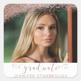 Sticker Carré Bleu & Rose Gold Elegant Script Graduate Photo
