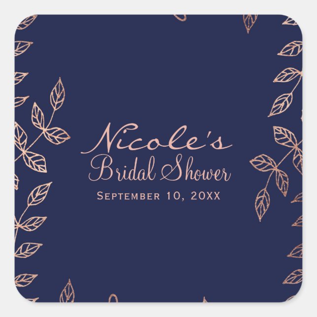 Sticker Carré Bleu & Rose Gold Glam Botanique Mariage élégant (Devant)