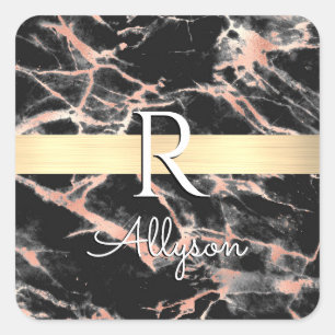 Sticker Carré Bleu & Rose Gold Marble Barre Or, What Nom Monogra