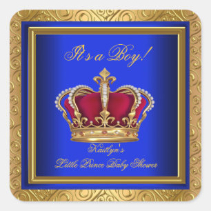 Sticker Carré Bleu Royal Damassé Or Fête de Naissance Garçon Rég