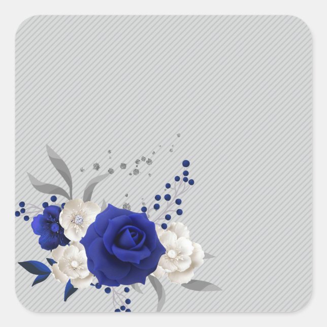 Sticker Carré bleu royal rose blanc fleurs gris (Devant)
