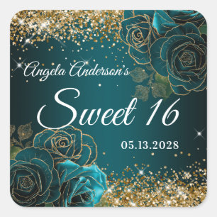 Sticker Carré Bleu Sarcelle Floral Pailleté Glam Douce 16