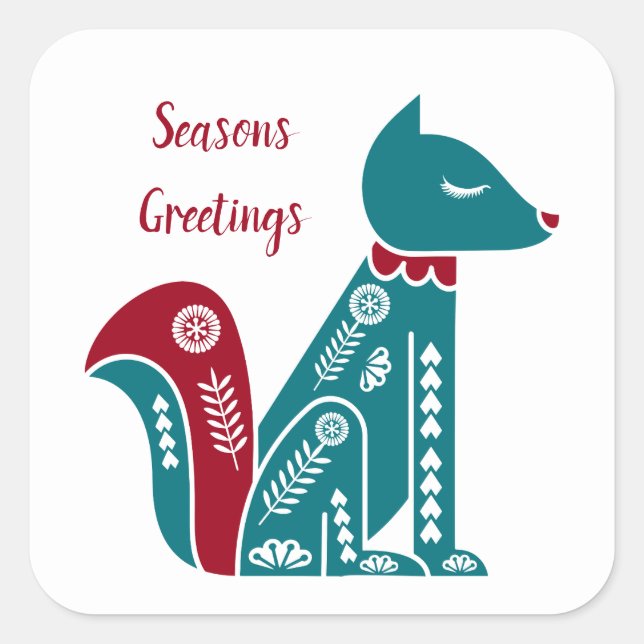 Sticker Carré Bleu scandinave nordique et Renard rouge (Devant)