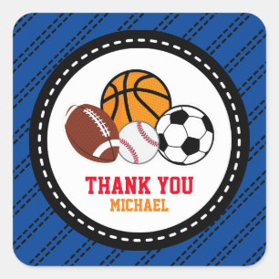 Sticker Carré Bleu Sport All Star Party Merci Favor Tag