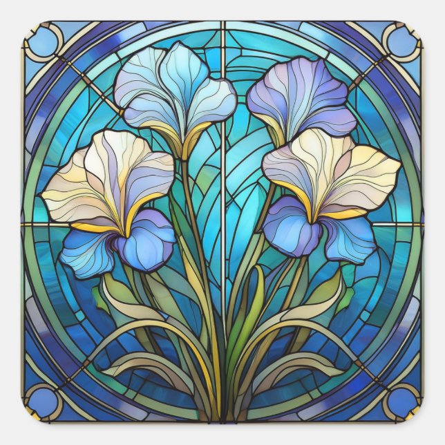 Sticker Carré Bleu Turquoise Floral Art Nouveau Vitrail (Devant)