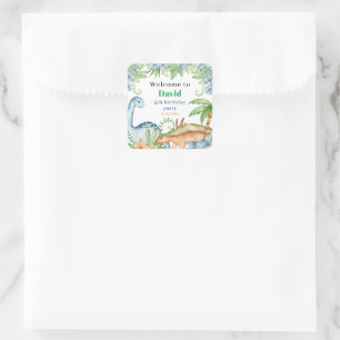 Sticker Carré Bleu & Vert Dinosaur fête d'anniversaire fleurie C