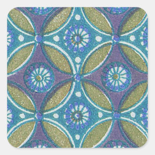 Sticker Carré Bleu vert Rustique Boho Motif circulaire géométriq