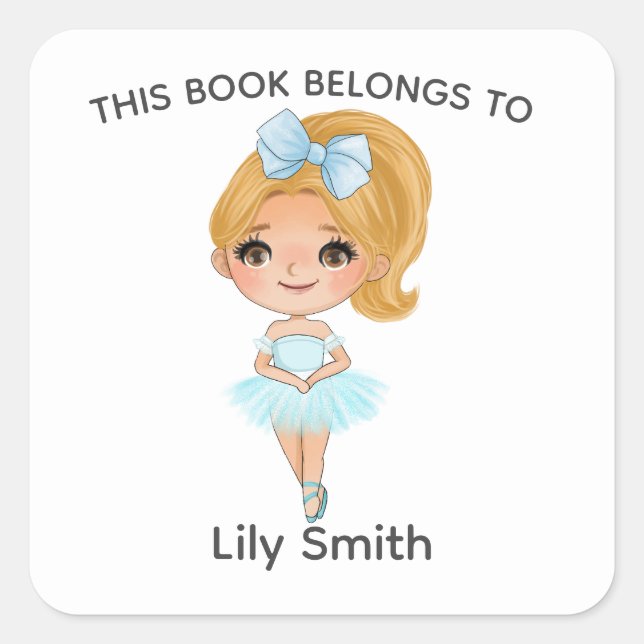 Sticker Carré Blonde Ballerina Blue robe Nom ballet livre étique (Devant)