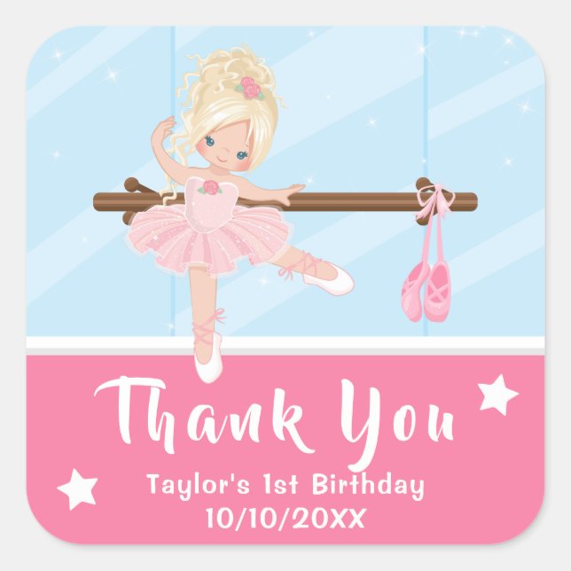 Sticker Carré Blonde cheveux Ballerina rose Merci d'anniversaire (Devant)