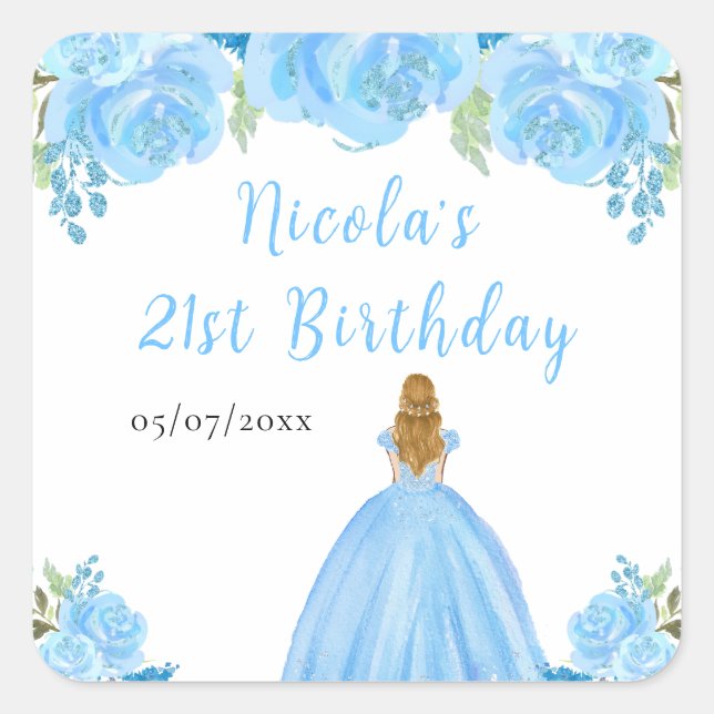 Sticker Carré Blonde Hair Princess Blue Floral Birthday Party (Devant)