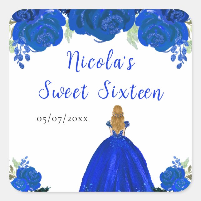 Sticker Carré Blonde Hair Princess Blue Floral Sweet sixteen (Devant)